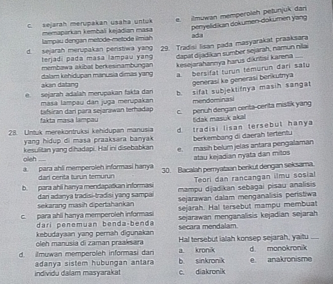 c. sejarah merupakan usaha untuk e. ilmuwan memperoleh petunjuk dari
memaparkan kembali kejadian masa penyelidikan dokumen-dokumen yang
lampau dengan metode-metode ilmiah ada
d. sejarah merupakan penstiwa yang 29. Tradisi lisan pada masyarakat praaksara
terjadi pada masa lampau yang dapat dijadikan sumber sejarah, namun nilai
membawa akibat berkesinambungan kesejarahannya harus dikritisi karena_
dalam kehidupan manusia dimas yang a. bersifat turun témurun dari satu
akan datang
generasi ke generasi berikutnya
e. sejarah adalah merupakan fakta dan b. sifat subjektifnya masih sangat
masa lampau dan juga merupakan mendominasi
tafsiran dari para sejarawan terhadap c.penuh dengan cerita-cerita mistik yang
fakta masa lampau
tidak masuk akal
28. Untuk merekontruksi kehidupan manusia d. tradisi lisan tersebut hanya
yang hidup di masa praaksara banyak berkembang di daerah tertentu
kesulitan yang dihadapi. Hal ini disebabkan e. masih belum jelas antara pengalaman
oleh_
atau kejadian nyata dan mitos
a para ahli memperoleh informasi hanya 30. Bacalah pemyataan berkut dengan seksama.
dari cerita turun temurun
Teori dan rancangan ilmu sosial
b. para ahli hanya mendapatkan informasi mampu dijadikan sebagai pisau analisis
dan adanya tradisi-tradisi yang sampai sejarawan dalam menganalisis peristiwa
sekarang masih dipertahankan sejarah. Hal tersebut mampu membuat
c. para ahli hanya memperoleh informasi sejarawan menganalisis kejadian sejarah
dari penemuan benda-benda
kebudayaan yang perah digunakan secara mendalam.
oleh manusia di zaman praaksara Hal tersebut ialah konsep sejarah, yaitu_
d. ilmuwan memperoleh informasi dan a kronik d. monokronik
adanya sistem hubungan antara b. sinkronik e anakronisme
individu dalam masyarakat c. diakronik