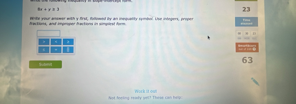 whte the following inequality in slope-intercept form.
8x+y≥slant 3
23
Write your answer with y first, followed by an inequality symbol. Use integers, proper Time 
fractions, and improper fractions in simplest form. elapsed 
00 30 23 
91N 
> < 
SmartScore 
s = out of 100 T 
Submit 
63 
Work it out 
Not feeling ready yet? These can help: