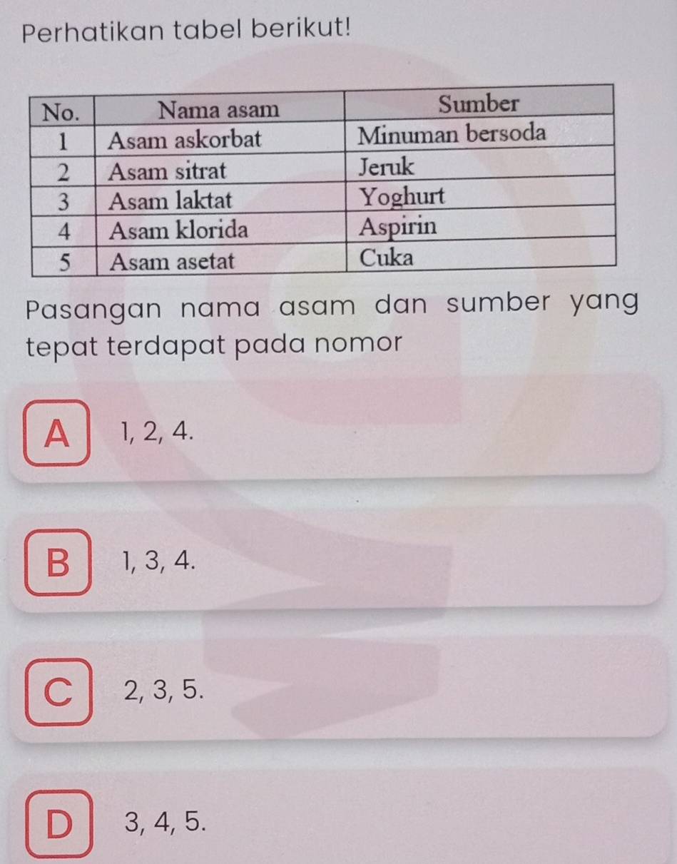 Perhatikan tabel berikut!
Pasangan nama asam dan sumber yang
tepat terdapat pada nomor
A 1, 2, 4.
B 1, 3, 4.
C 2, 3, 5.
D 3, 4, 5.