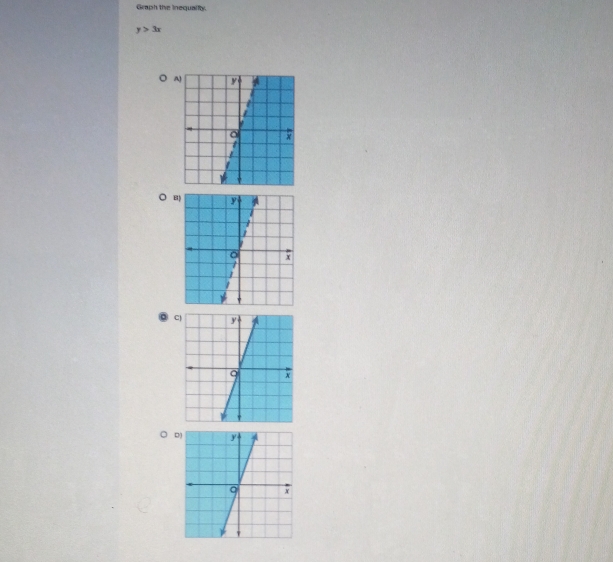 Graph the inequallly.
y>3x
A
○ B
C)
D