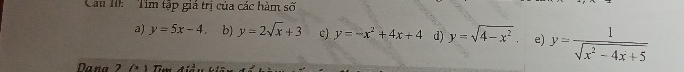 Cau 10: Tìm tập giá trị của các hàm số 
a) y=5x-4 b) y=2sqrt(x)+3 c) y=-x^2+4x+4 d) y=sqrt(4-x^2). e) y= 1/sqrt(x^2-4x+5) 
Dana 2 (×) Tim