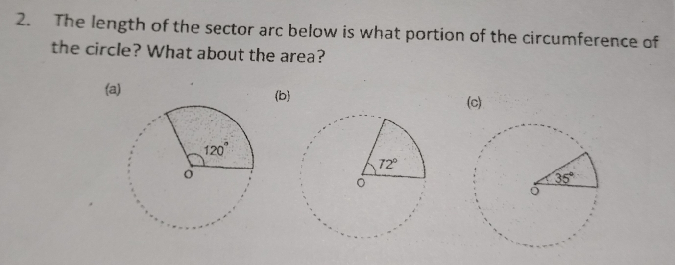 The length of the sector arc below is what portion of the circumference of
the circle? What about the area?
(a)
(b)
(c)