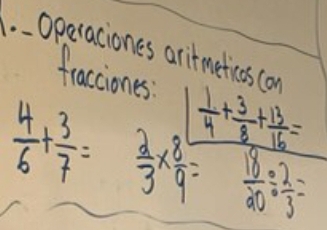 Operaciones aritmeticos 
fraccion
 4/6 + 3/7 =  2/3 *  3/4 /  3/3 + 1/8 6=2  9/20 ·  2/3 =