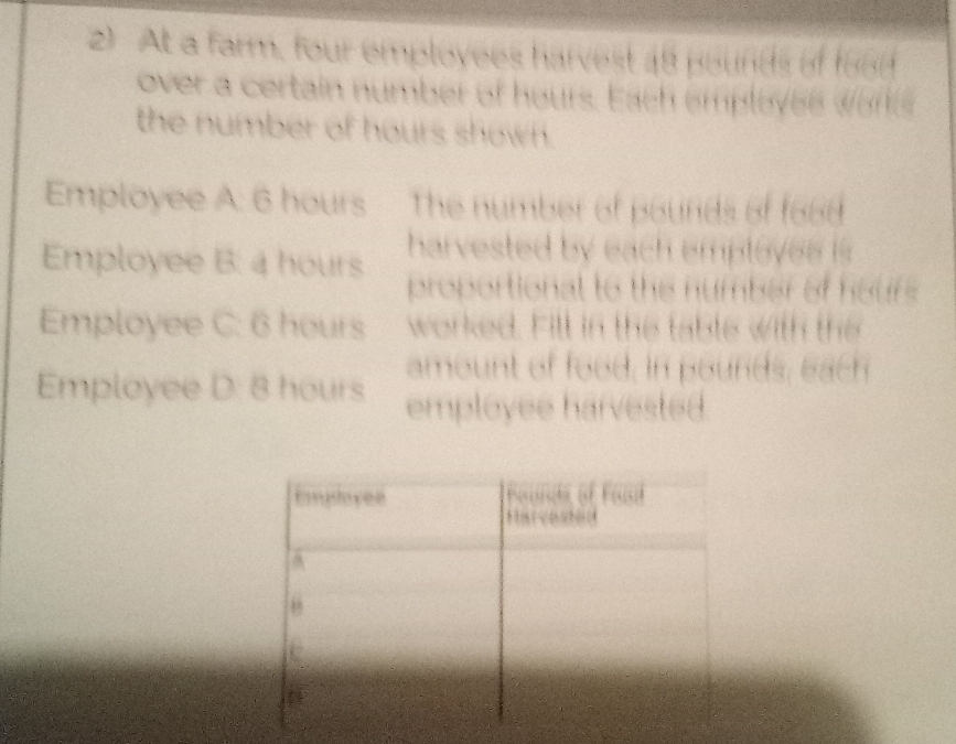 At a farm, four employ s h ave 
over a certain number of hours. Each emplov e e wo 
the number of hours shown. 
Employee A: 6 hours
harvested by each emploves i 
Employee B: a hours proportional to the number of hours. 
Employee C: 6 hours worked. Fill in the table with the 
amount of food, in pounds, each 
Employee D: 8 hours employee harvested.