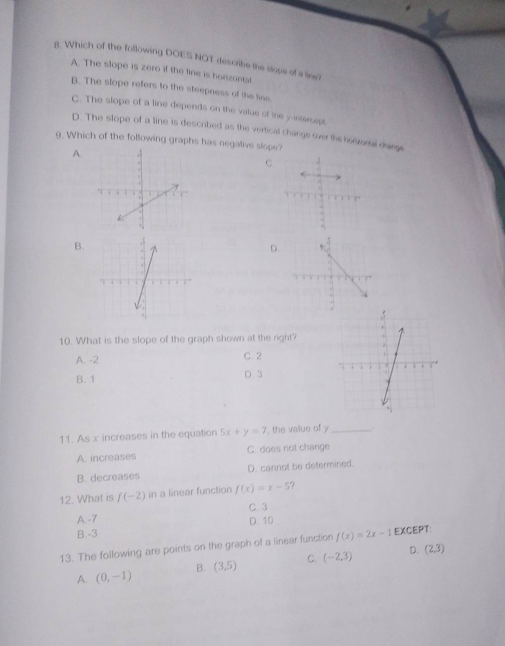 Which of the following DOES NOT describe the slope of a line'
A. The slope is zero if the line is horizonta!
B. The slope refers to the steepness of the line
C. The slope of a line depends on the value of the y-intercept.
D. The slope of a line is described as the vertical change over the horzenal drange
9. Which of the following graphs has negative slope?
A.
C.
B.
D.
10. What is the slope of the graph shown at the right?
A. -2 C. 2
B. 1
D. 3
11. As x increases in the equation 5x+y=7 , the value of y _.
A. increases C. does not change
B. decreases D. cannot be determined.
12. What is f(-2) in a linear function f(x)=x-5
C. 3
A. -7 D. 10
B. -3
13. The following are points on the graph of a linear function f(x)=2x-1 EXCEPT:
C. (-2,3)
D. (2,3)
B. (3,5)
A. (0,-1)