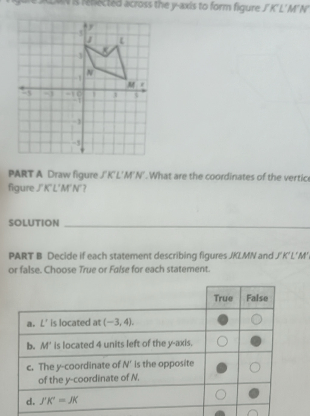 DMN iS refected across the y-axis to form figure J'K' L' M' N'
PART A Draw figure J'K'L'M'N'. What are the coordinates of the vertice
figure J' K' L' M' N' ?
SOLUTION_
PART B Decide if each statement describing figures JKLMN and J’K’L’M’
or false. Choose True or False for each statement.