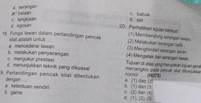 a. serangan
b'' belaan
c. babak
c. tangkisan d. set
d. egosan
20. Perhatikan tujuan berikut! (1) Membendung serangan lawan
18. Fungsi lawan dalam pertandingan pencak (2) Melakukan serangan balik.
silat adalah untuk ....
a. mencederai lawan
(3) Menghindari serangan lawan.
b. melakukan penyerangan (4) Mengelak dari serangan lawan.
c. mengukur prestasi Tujuan dī atas yang merupakan tujuan gera
d. menunjukkan teknik yang dikuasai nomor .... (HOTS) menangkis pada pencak silat ditunjukkaı
9. Pertandingan pencak silat ditentukan a. (1) dao (2)
dengan ....
b. (1) dan (3)
a. ketentuan sendiri c. (2) dan (4)
b. game d. (1), (2), (3)