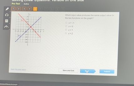 Pre-Test Cory emear equations, vana
Active
1 2 4
the two functions on the graph? Which input value produces the same output value for
x=-1
x=0
x=1
x=2
Mork tis and reuc Save and Ext 45° Subeul
essme= Miewes Mictviy