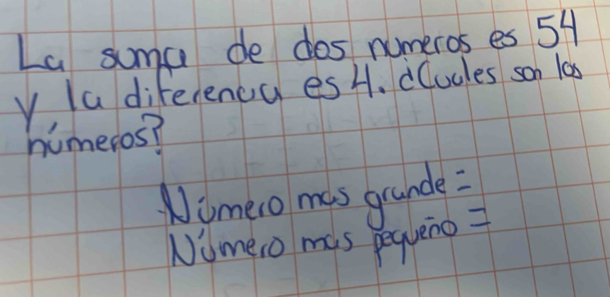 La suma de dos numeros es 54
Y Ia diferenca es 4. dCocles son l0s 
himeros? 
Numeo mas grande: 
Numero mas pequeno