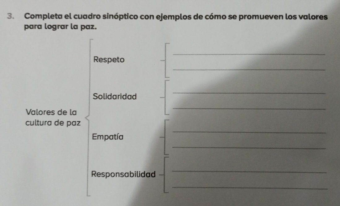 Completa el cuadro sinóptico con ejemplos de cómo se promueven los valores 
para lograr la paz. 
_ 
_ 
Respeto 
Solidaridad 
_ 
Valores de la 
_ 
_ 
cultura de paz 
Empatía 
_ 
Responsabilidad 
_ 
_