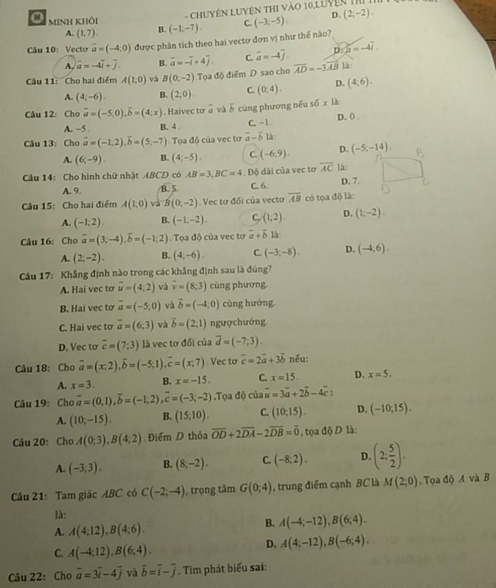 CHuYệN LUYệN THI VàO 10,Luyệ
o MINH KHÔI (-1;-7). C. (-3;-5). D. (2;-2).
A. (1,7). B.
Câu 10: Vectơ vector a=(-4;0) được phân tích theo hai vectơ đơn vị như thể nào?
A. overline a=-4overline i+overline j. B. vector a=-vector i+4vector j. C. overline a=-4overline j. D. a=-4overline i.
Câu 11: 'Cho hai điểm A(1;0) và B(0,-2) Tọa độ điểm D sao cho overline AD=-3overline AB||
A. (4;-6). B. (2;0) C. (0;4). D. (4;6).
Câu 12: Cho overline a=(-5;0),overline b=(4;x) Haivec tơ à và overline b cùng phương nếu số x là
A. -5 B. 4 . C. -1 D. 0 .
Câu 13: Cho vector a=(-1,2),vector b=(5;-7) Tọa độ của vec tơ vector a-vector b là:
A. (6;-9). B. (4;-5). C. (-6;9). D. (-5;-14).
Câu 14: Cho hình chữ nhật ABCD có AB=3,BC=4. Độ dài của vec tơ overline AC là:
A. 9. B. 5. C. 6. D. 7.
Câu 15: Cho hai điểm A(1,0) và B(0;-2). Vec tơ đối của vectơ overline AB có tọa độ là:
A. (-1;2) B. (-1,-2). C. (1;2). D. (1;-2).
Câu 16: Cho overline a=(3;-4),overline b=(-1;2). Tọa độ của vec tơ vector a+vector b là
A. (2;-2). B. (4;-6). C. (-3;-8). D. (-4;6).
Câu 17: Khẳng định nào trong các khẳng định sau là đúng?
A. Hai vec tơ vector u=(4;2) và vector v=(8;3) cùng phương.
B. Hai vec tơ vector a=(-5;0) và vector b=(-4;0) cùng hướng.
C. Hai vec tơ vector a=(6;3) và vector b=(2;1) ngượchướng.
D. Vec tơ vector c=(7;3) là vec tơ đối của vector d=(-7;3).
Câu 18: Cho overline a=(x;2),overline b=(-5;1),overline c=(x;7). Vec tơ overline c=2vector a+3vector b nếu:
A. x=3. B. x=-15. C. x=15. D. x=5.
Câu 19: Cho vector a=(0,1),vector b=(-1;2),vector c=(-3;-2).Tọa độ của overline u=3overline a+2overline b-4overline c:
A. (10;-15). B. (15;10). C. (10;15). D. (-10,15).
Câu 20: Cho A(0;3),B(4;2) Điểm D thỏa overline OD+2overline DA-2overline DB=overline 0 ,tọa độ D là:
A. (-3,3). B. (8;-2). C. (-8;2). D. (2; 5/2 ).
Câu 21: Tam giác ABC có C(-2;-4) , trọng tâm G(0;4) , trung điểm cạnh BC là M(2;0). Tọa độ A và B
là:
A. A(4;12),B(4;6).
B. A(-4;-12),B(6;4).
C. A(-4;12),B(6;4).
D. A(4;-12),B(-6;4).
Câu 22: Cho vector a=3vector i-4vector j và vector b=vector i-vector j Tìm phát biểu sai: