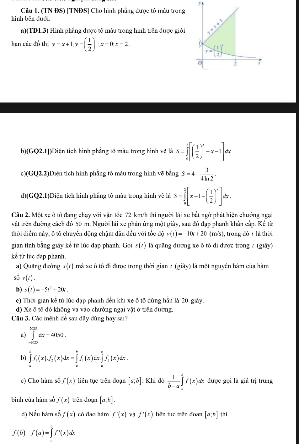 (TN ĐS) [TNĐS] Cho hình phẳng được tô màu trong
hình bên dưới.
a)(TD1.3) Hình phẳng được tô màu trong hình trên được giới 
hạn các đồ thị y=x+1;y=( 1/2 )^x;x=0;x=2.
b)(GQ2.1])Diện tích hình phẳng tô màu trong hình vẽ là S=∈tlimits _0^(2[(frac 1)2)^x-x-1]dx.
c)(GQ2.2)Diện tích hình phẳng tô màu trong hình vẽ bằng S=4- 3/4ln 2 .
d)(GQ2.1)Diện tích hình phẳng tô màu trong hình vẽ là S=∈tlimits _0^(2[x+1-(frac 1)2)^x]dx.
Câu 2. Một xe ô tô đang chạy với vận tốc 72 km/h thì người lái xe bất ngờ phát hiện chướng ngại
vật trên đường cách đó 50 m. Người lái xe phản ứng một giây, sau đó đạp phanh khẩn cấp. Kể từ
thời điểm này, ô tô chuyển động chậm dần đều với tốc độ v(t)=-10t+20 (m/s), trong đó t là thời
gian tính bằng giây kể từ lúc đạp phanh. Gọi s(t) là quãng đường xe ô tô đi được trong t (giây)
kể từ lúc đạp phanh.
a) Quãng đường s(t) mà xe ô tô đi được trong thời gian t (giây) là một nguyên hàm của hàm
số v(t).
b) s(t)=-5t^2+20t.
c) Thời gian kể từ lúc đạp phanh đến khi xe ô tô dừng hẵn là 20 giây.
d) Xe ô tô đó không va vào chướng ngại vật ở trên đường.
Câu 3. Các mệnh đề sau đây đúng hay sai?
a) ∈tlimits _(-2025)^(2025)dx=4050.
b) ∈tlimits _a^(bf_1)(x).f_2(x)dx=∈tlimits _a^(bf_1)(x)dx.∈tlimits _a^(bf_2)(x)dx.
c) Cho hàm số f(x) liên tục trên đoạn [a;b]. Khi đó  1/b-a ∈tlimits _a^(bf(x) dx được gọi là giá trị trung
bình của hàm số f(x) trên đoạn [a;b].
d) Nếu hàm số f(x) có đạo hàm f'(x) và f'(x) liên tục trên đoạn [a;b] thì
f(b)-f(a)=∈tlimits _a^bf^,)(x)dx