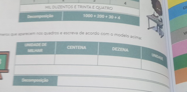 IMIL DUIZENTOS E TRINTA E QUATRO CI 
Recomposição 1000+200+30+4
V 
meros que aparecem nos quádros e escreva de acordo com o modelo ácima