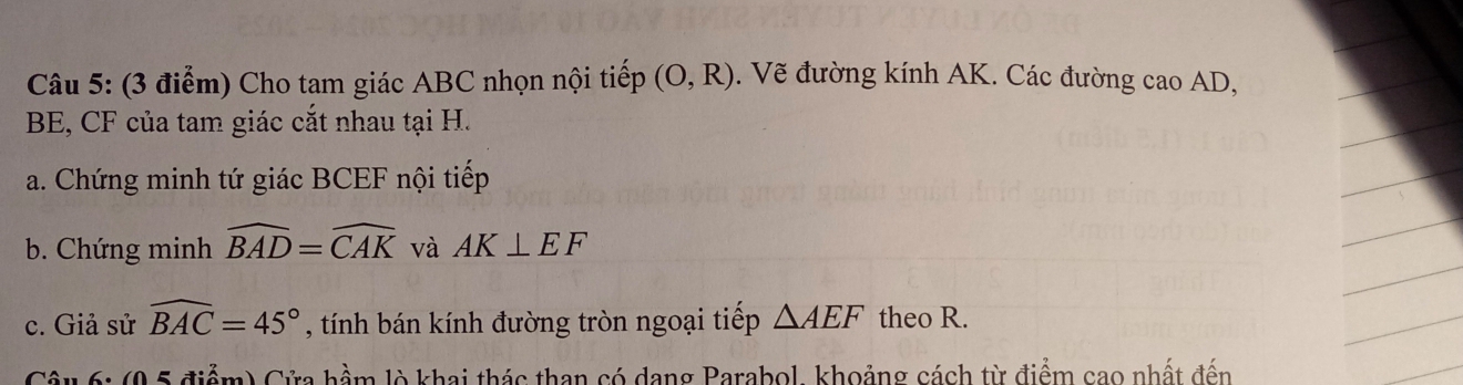 Cho tam giác ABC nhọn nội tiếp (O,R). Vẽ đường kính AK. Các đường cao AD,
BE, CF của tam giác cắt nhau tại H. 
a. Chứng minh tứ giác BCEF nội tiếp 
b. Chứng minh widehat BAD=widehat CAK và AK⊥ EF
c. Giả sử widehat BAC=45° , tính bán kính đường tròn ngoại tiếp △ AEF theo R. 
Câu 6: (9,5 điểm) Cửa hầm lò khai thác than có dang Parabol, khoảng cách từ điểm cao nhất đến