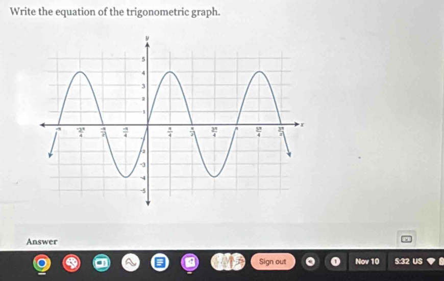 Write the equation of the trigonometric graph.
Answer
Sign out Nov 10 5:32 US