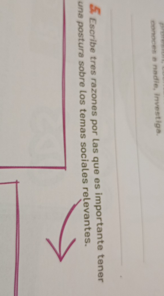 proresi 
conoces a nadie, investiga. 
_ 
_ 
* Escribe tres razones por las que es importante tener 
una postura sobre los temas sociales relevantes.