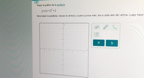 Trazar el gráfico de la parábola
y=(x-1)^2+2
Para trazar la parábola, marcar el vértire y cuatro puntos más, dos a cada lado del vértice. Luego hacer 
× 5