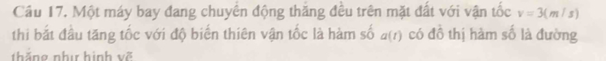 Cầu 17. Một máy bay đang chuyển động thăng đều trên mặt đất với vận tốc v=3(m/s)
thi bắt đầu tăng tốc với độ biến thiên vận tốc là hàm số a(t) có đồ thị hàm số là đường 
thắng nhị hình võ