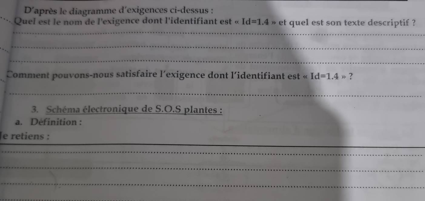 D'après le diagramme d'exigences ci-dessus : 
Quel est le nom de l'exigence dont l'identifiant est » et quel est son texte descriptif ? 
_ 
_ 
_ 
Comment pouvons-nous satisfaire l’exigence dont l’identifiant est ? 
_ 
3. Schéma électronique de S.O.S plantes : 
a. Définition : 
_ 
Je retiens : 
_ 
_ 
_ 
_