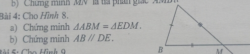 ''Chưng minh MN là tía phản giác ' AMB
Bài 4: Cho Hình 8. 
a) Chứng minh △ ABM=△ EDM. 
b) Chứng minh AB//DE. 
S i S: Cho Hình 9