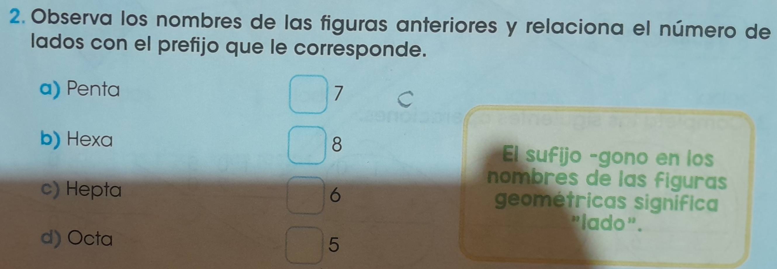 Observa los nombres de las figuras anteriores y relaciona el número de 
lados con el prefijo que le corresponde. 
a) Penta 7
8
b) Hexa El sufijo -gono en los 
nombres de las figuras 
6 
c) Hepta geométricas signífica 
"lado". 
d) Octa 
5