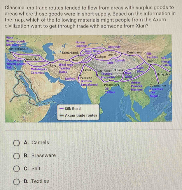 Solved: Classical era trade routes tended to flow from areas with ...