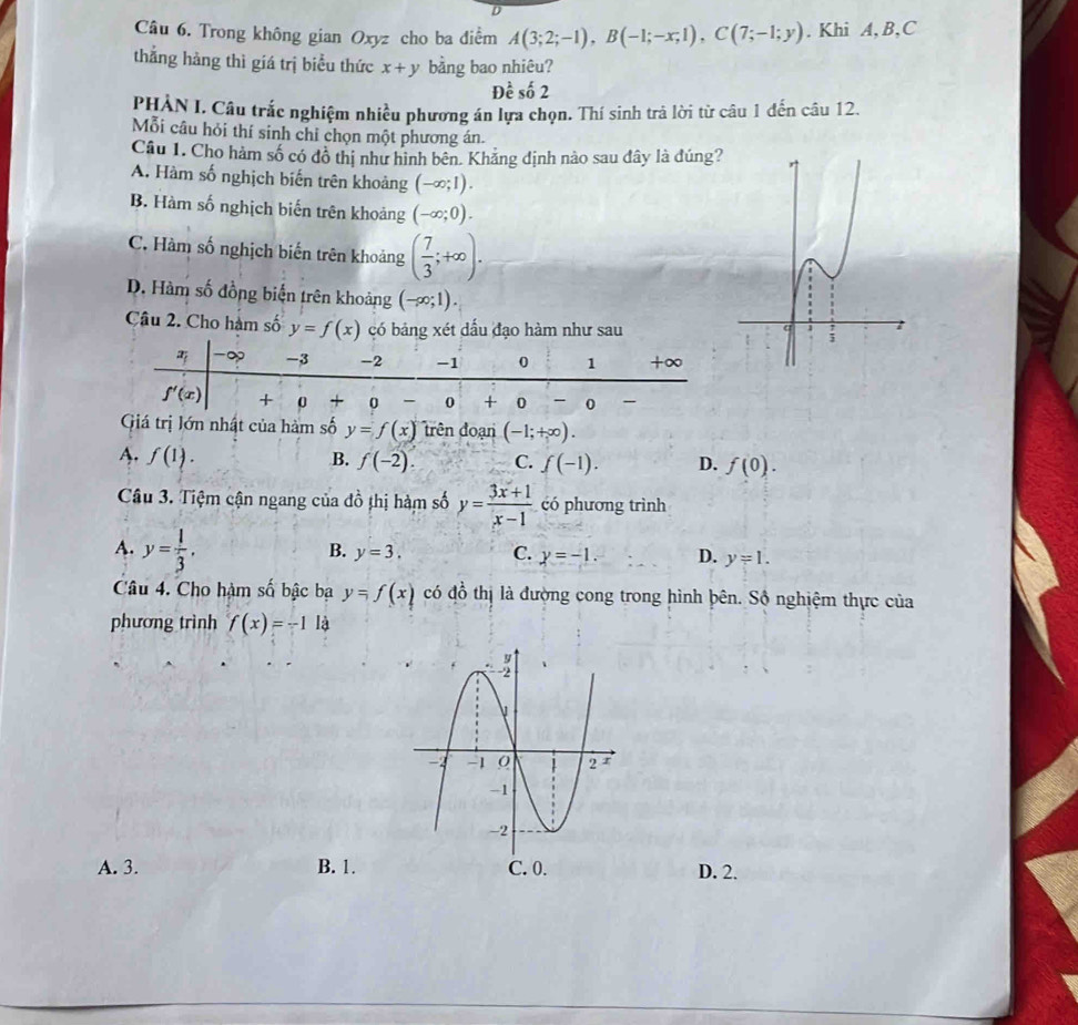 Trong không gian Oxyz cho ba điểm A(3;2;-1),B(-1;-x;1),C(7;-1;y). Khi A,B,C
thẳng hàng thì giá trị biểu thức x+y bảng bao nhiêu?
Đề số 2
PHẢN I. Câu trắc nghiệm nhiều phương án lựa chọn. Thí sinh trả lời từ câu 1 đến câu 12.
Mỗi câu hỏi thí sinh chỉ chọn một phương án.
Câu 1. Cho hàm số có đồ thị như hình bên. Khăng định nào sau đây là đúng?
A. Hàm số nghịch biến trên khoảng (-∈fty ;1).
B. Hàm số nghịch biến trên khoảng (-∈fty ;0).
C. Hàm số nghịch biến trên khoảng ( 7/3 ;+∈fty ).
D. Hàm số đồng biến trên khoảng (-∈fty ;1).
Câu 2. Cho hàm số y=f(x) có bảng xét dấu đạo hàm như sau
Giá trị lớn nhật của hàm số y=f(x) trên đoạn (-1;+∈fty ).
A. f(1). B. f(-2). C. f(-1). D. f(0).
Câu 3. Tiệm cận ngang của đồ thị hàm số y= (3x+1)/x-1  có phương trình
A. y= 1/3 .
B. y=3. C. y=-1. D. y=1.
Câu 4. Cho hàm số bậc ba y=f(x) có đồ thị là đường cong trong hình bên. Số nghiệm thực của
phương trình f(x)=-1li
A. 3. B. 1. C. 0. D. 2.