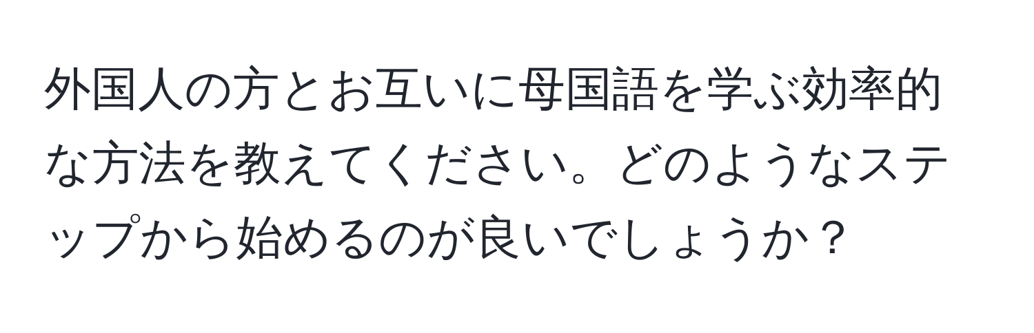 外国人の方とお互いに母国語を学ぶ効率的な方法を教えてください。どのようなステップから始めるのが良いでしょうか？