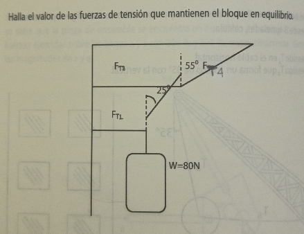 Halla el valor de las fuerzas de tensión que mantienen el bloque en equilibrio.