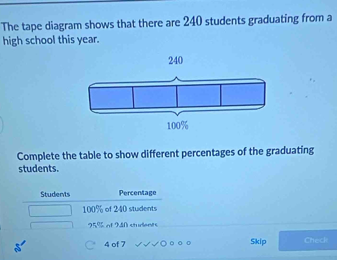 The tape diagram shows that there are 240 students graduating from a 
high school this year. 
Complete the table to show different percentages of the graduating 
students. 
Students Percentage
100% of 240 students
25% of 240 students
4 of 7 Skip Check