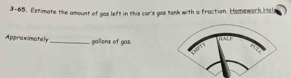 3-65. Estimate the amount of gas left in this car's gas tank with a fraction. Homework Hel 
Approximately_ gallons of gas.