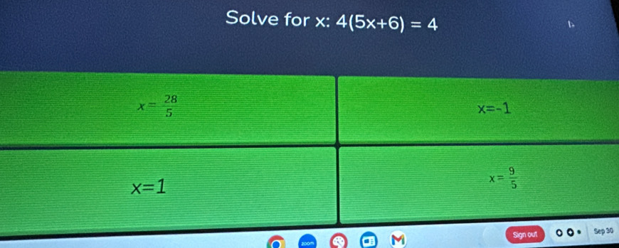 Solve for x: 4(5x+6)=4
0