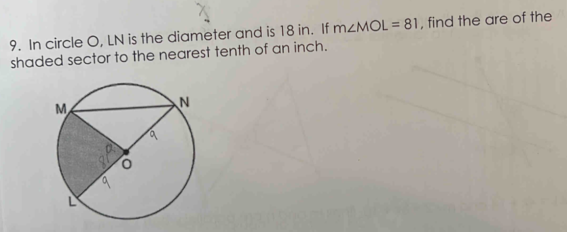 In circle O, LN is the diameter and is 18 in. If m∠ MOL=81 , find the are of the 
shaded sector to the nearest tenth of an inch.