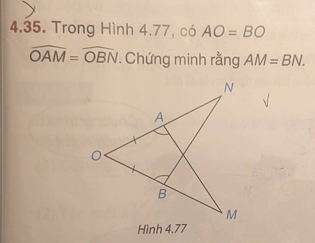 Trong Hình.77, coAO=BO
widehat OAM=widehat OBN. Chứng minh rằng AM=BN. 
Hình 4.77