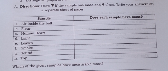 istnguón pn 
A. Directions: Draw ♥ if the sample has mass and ♦ if not. Write your answers on 
a separate sheet of paper. 
Which of the given samples have measurable mass?