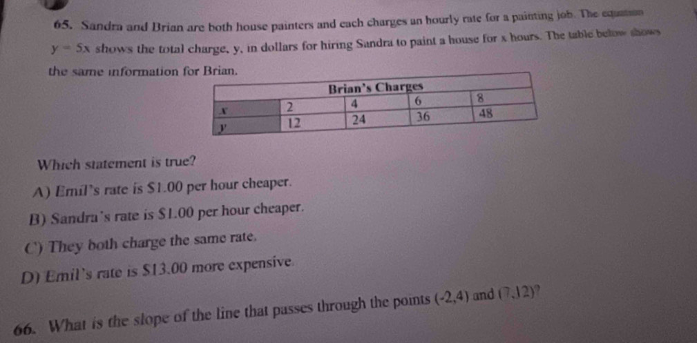 Sandra and Brian are both house painters and each charges an hourly rate for a painting job. The equatson
y=5x shows the total charge, y, in dollars for hiring Sandra to paint a house for x hours. The table below shows
the same information 
Which statement is true?
A) Emil’s rate is $1.00 per hour cheaper.
B) Sandra's rate is $1.00 per hour cheaper.
C) They both charge the same rate.
D) Emil's rate is $13.00 more expensive.
66. What is the slope of the line that passes through the points (-2,4) and (7,12) ,