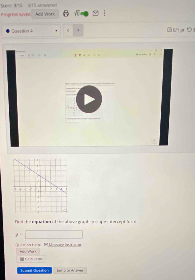 Score: 3/15 3/15 answered 
Progress saved Add Work sqrt(0) 
Question 4 0/1 pt つ3 
) 
Find the equation of the above graph in slope-intercept form.
y=□
Question Help: [ Message instructor 
Add Work 
Calculator 
Submit Question Jump to Answer