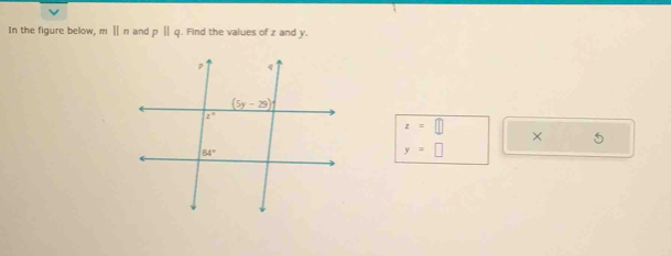 In the figure below, mparallel n and pparallel q. Find the values of z and y.
x=□
× 5
y=□