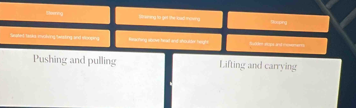 Steering Straining to get the load moving Stooping
Seated tasks involving twisting and stooping Reaching above head and shoulder height Sudden stops and movements
Pushing and pulling Lifting and carrying