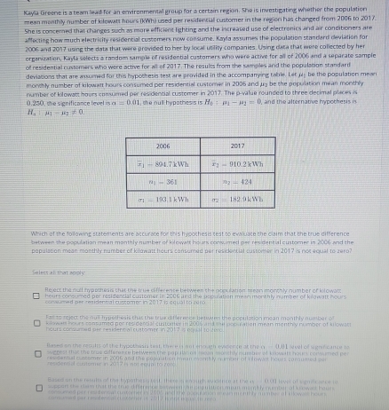 Kayla Greene is a team lead for an enironmental group for a certain region. She is investigating whether the population
mean manthly number of kilowatt hours (KWh) used per residencial customer in the region has changed from 2006 to 2017.
She is concered that changes such as more efficient lighting and the increased use of electronics and air condiboners are
affecting how much electricity residencial customers now consume. Kayla assumes the population standard deviation for
2006 and 2017 using the data that were provided to her by local utility companies. Using data that were collected by her
organization, Kayla selects a random sample of residential customers who were active for all of 2006 and a separate sample
of residential customers who were active for all of 2017. The results from the samples and the population standard
deviations that are assumed for this hypothesis test are provided in the accompanying table. Let us be the population mean
monthly number of kilowatt hours consumed per residential custorer in 2006 and by be the population mean monthly
number of kilowatt hours comumed per residential customer in 2017. The p-value rounded to three decimal places is
0.250, the significance level a=0.01 , the null hypothesis is H_b:mu _1-mu _2=0 , and the alternative hypothesis is
H_a+mu _1-mu _2!= 0
Which of the following statements are accurate for this hypothesis test to eviluate the claim that the true difference
between the population mean monthly number of kilowatt hours consumed per residential customer in 2006 and the
population mean monthly number of kilowatt hours consumed per residencial customer in 2017 is not equal to zero?
Seless all that apoly
Re ect the nall hypothesis that the true cifference between the population mean morthly number of klowato
hours consumed per residential customer in 2006 and the population mean morthly number of klmwatt hour
conwimed per residennal cuscomer in 2017 is aqual to z066.
Far to reject the null hyputhesis thas the true d ference between the population mean monthly number of
kilower hours consumed por residential custonter in 2006 and the poparation mean monthly nomber of klowari
hours consumed per residenbal customer in 2017 i equal to Joro 
Based on the reculrs of the hyoothesis text the e i not enpagh evidence at the c 0,01 level of signficance to
st  h at the tru e diffe rence betwe en the population me an mo  h l num ier of k o w a tt h o s s c o n s e dn 
resdental cuntomer in 2006 and the ponalation mean dsombly cumber of slowall hours consuited be
o s  ce m   nmer 217    m   en fo   v 0  
c o ars  th  s tam t  a  t a =  Eased on the resuls of the hypother s teat, thereis enouch, ev cence at the s__  D. 1 level of signficance 
he  c m t t o r t me  m mo m  hly co   o   of s o w  t b a                          w