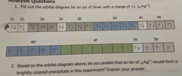 Qnalysis Questions 
1. Fill out the orbital diagram for an ion of Silver with a charge of +1. (_47Ag^(+1))
2. Based on the orbital diagram above, do you predict that an ion of _47Ag^(+1) would form a 
brightly colored precipitate in this experiment? Explain your answer.