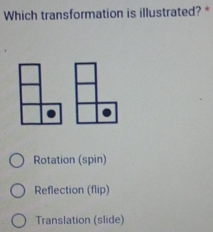 Which transformation is illustrated? *
Rotation (spin)
Reflection (flip)
Translation (slide)