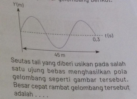 tali yang diberi usikan pada salah 
satu ujung bebas menghasilkan pola 
gelombang seperti gambar tersebut. 
Besar cepat rambat gelombang tersebut 
adalah . . . .