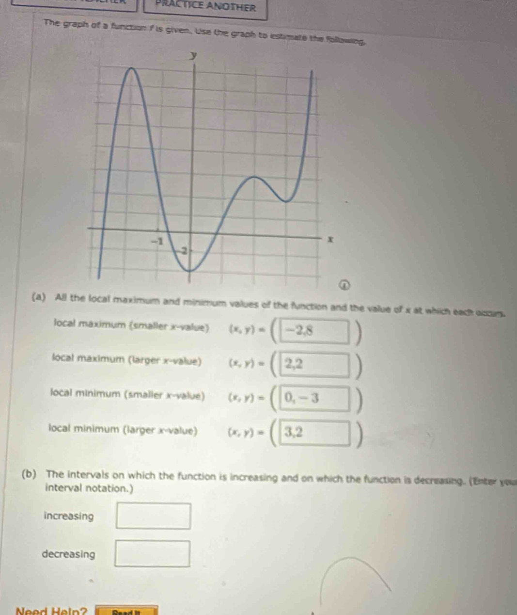 PRACTICE ANOTHER 
The graph of a function f is given. Use the graph to estimate the following, 
(a) All the local maximum and minimum values of the function and the value of x at which each accum. 
local maximum (smaller x -value) (x,y)=(□ -2,8)
local maximum (larger x -value) (x,y)=(2,2)
local minimum (smaller x -value) (x,y)=(0,-3)
local minimum (larger x -value) (x,y)=(□ 3,2)
(b) The intervals on which the function is increasing and on which the function is decreasing. (Enter you 
interval notation.) 
increasing □ □ 
decreasing □ 
Need Heln?