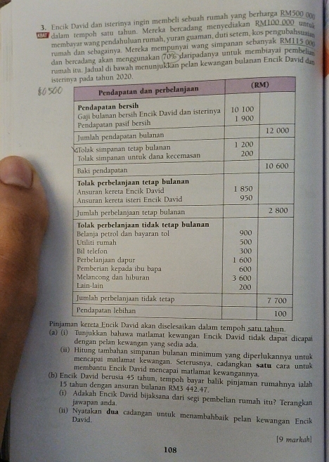 Encik David dan isterinya ingin membeli sebuah rumah yang berharga RM500 ( 
KBAT dalam tempoh satu tahun. Mereka bercadang menyediakan RM100_ 000 un 
membayar wang pendahuluan rumah, yuran guaman, duti setem, kos pengubahsua 
rumah dan sebagainya. Mereka mempunyai wang simpanan sebanyak RM115 ( 
dan bercadang akan menggunakan (70% daripadanya untuk membiayai pembelia 
rumi bawah menunjukkan pelan kewangan bulanan Encik David dan 
iste 
Pinjm tempoh satu tahun. 
(a) (i) Tunjukkan bahawa matlamat kewangan Encik David tidak dapat dicapai 
dengan pelan kewangan yang sedia ada. 
(ii) Hitung tambahan simpanan bulanan minimum yang diperlukannya untuk 
mencapai matlamat kewangan. Seterusnya, cadangkan satu cara untuk 
membantu Encik David mencapai matlamat kewangannya. 
(b) Encik David berusia 45 tahun, tempoh bayar balik pinjaman rumahnya ialah
15 tahun dengan ansuran bulanan RM3 442.47. 
(i) Adakah Encik David bijaksana dari segi pembelian rumah itu? Terangkan 
jawapan anda. 
(ii) Nyatakan đua cadangan untuk menambahbaik pelan kewangan Encik 
David. 
[9 markah]
108