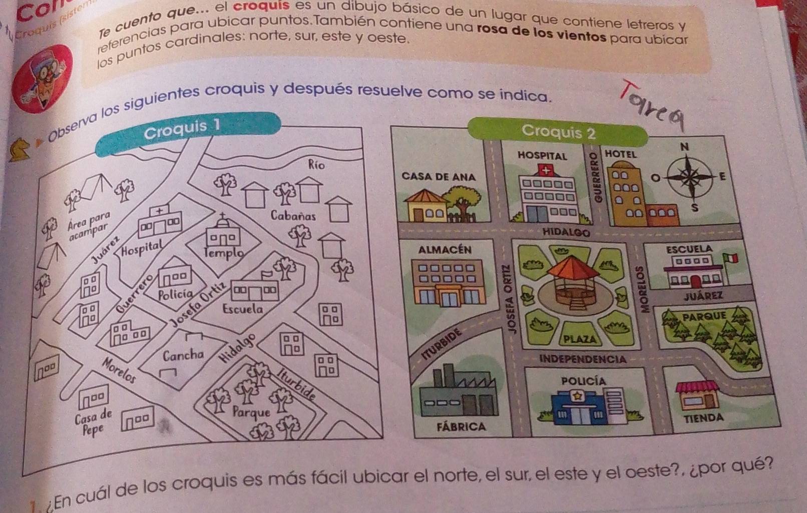 Con 
Croquís (sisten 
Te cuento que... el croquís es un dibujo básico de un lugar que contiene letreros y 
referencias para ubicar puntos.También contiene una rosa de los vientos para ubicar 
los puntos cardinales: norte, sur, este y oeste. 
entes croquis y después resuelve como se indica 
En cuál de los croq