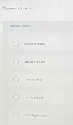 A ligament connects
Multiple Choice
muscle to muscle.
cartilage to bone.
bone to bone.
muscle to bone
a cartilaginous joint.