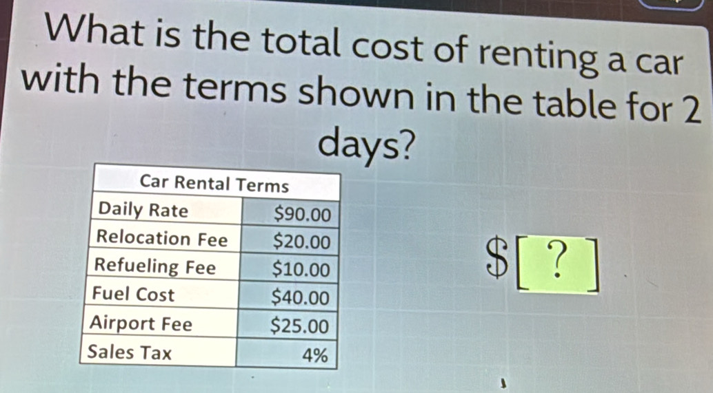 What is the total cost of renting a car 
with the terms shown in the table for 2
days?
$ [ ? ]