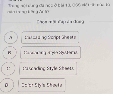 Trong nội dung đã học ở bài 13, CSS viết tắt của từ
nào trong tiếng Anh?
Chọn một đáp án đúng
A Cascading Script Sheets
B Cascading Style Systems
C Cascading Style Sheets
D Color Style Sheets