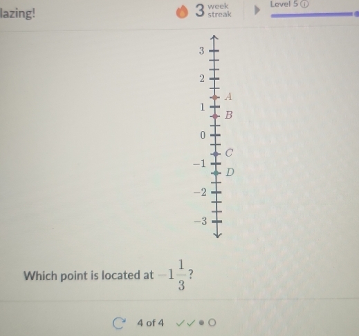 week Level 5ⓘ 
lazing! streak a
3
2
A
1
B
0
C
-1
D
-2
-3
Which point is located at -1 1/3 
4 of 4